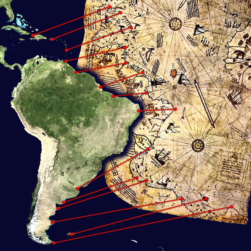 Where the Science and the Mystery Stand Today (Own work, based on de:Datei:Karte des piri reis.jpg and File:Whole world - land and oceans.jpg. Both sources are public domain., Public domain)